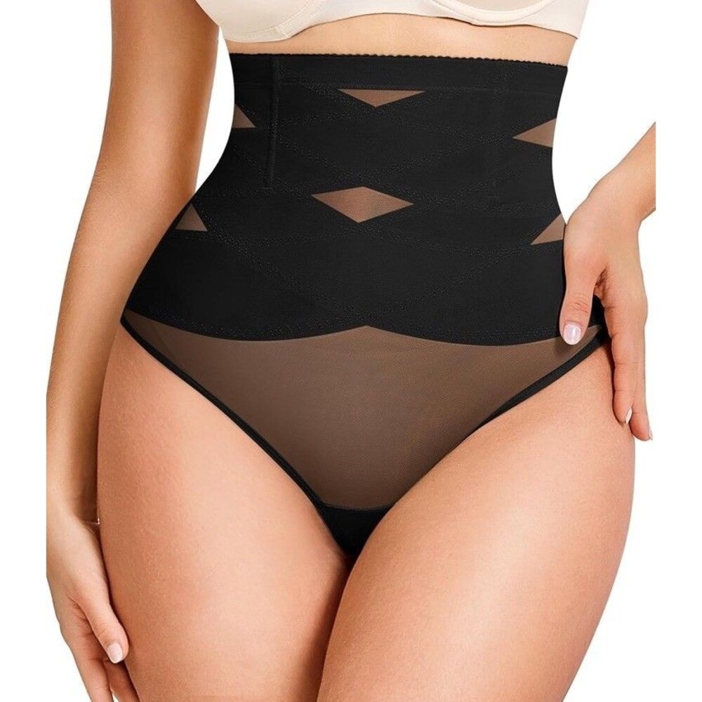 Womens High Waist Shaper Tummy Control Seamless Thong Panties L BLK Set Of 2